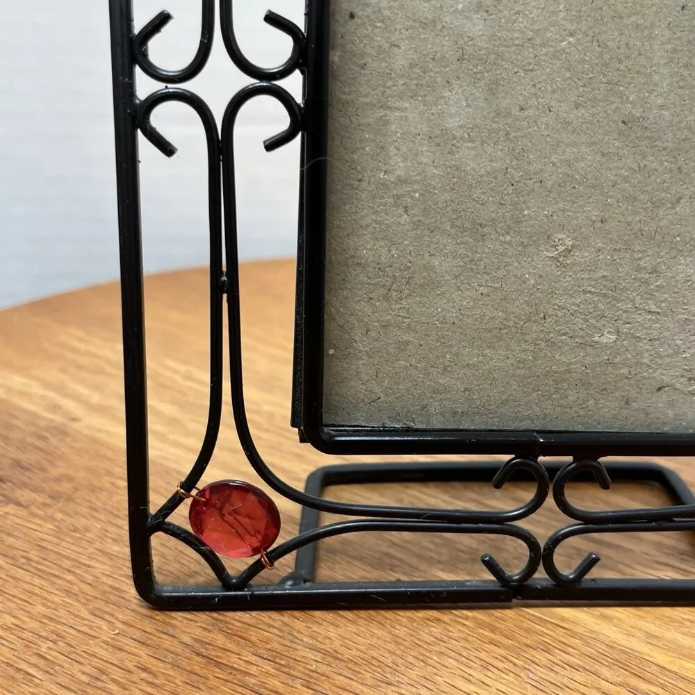 Vintage Black Scrollwork Metal Frame w/Translucent Red Gem Cabochons 3.5 x 5